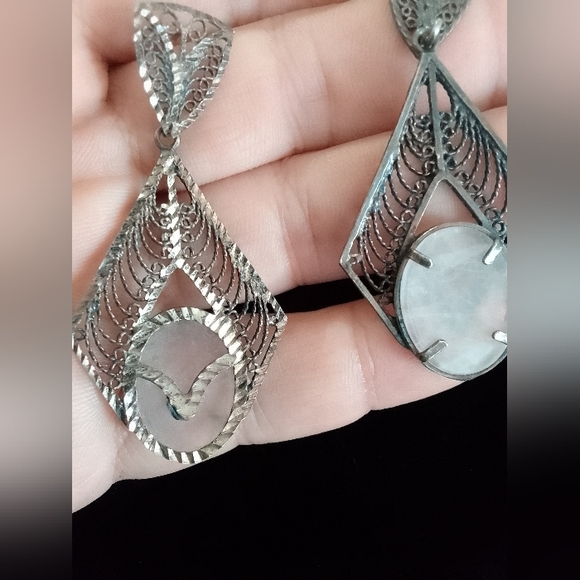 Vintage Rare Sterling Silver Earrings Hand Made With Real Stone - Picture 5 of 7